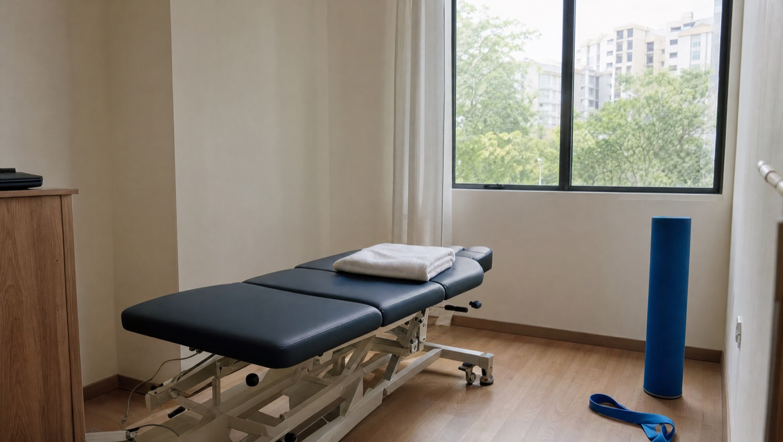 A treatment bed with a folded towel, a foam roller and a resistance band in a bright room