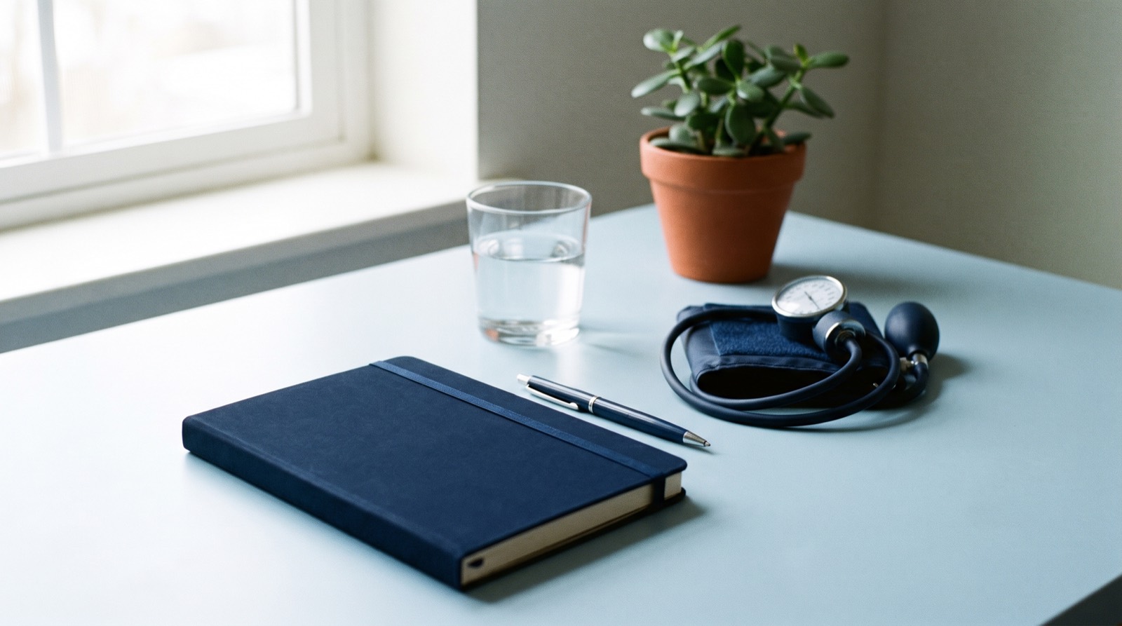 A consultation desk with a notebook, a glass of water and a blood pressure cuff
