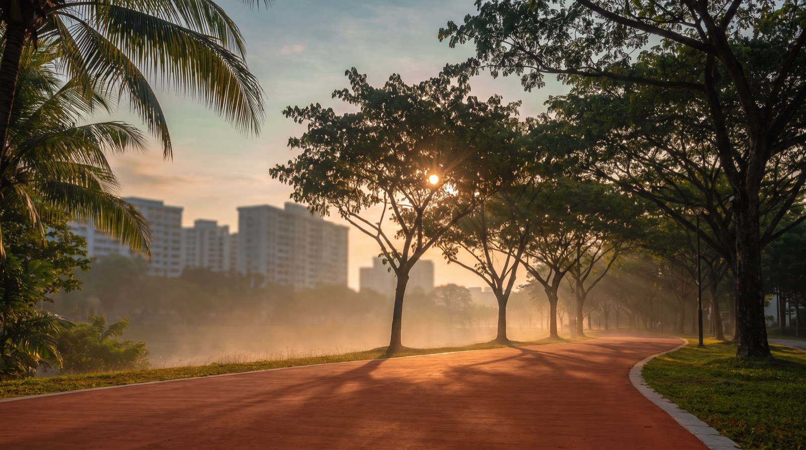 An empty neighbourhood park connector path at sunrise